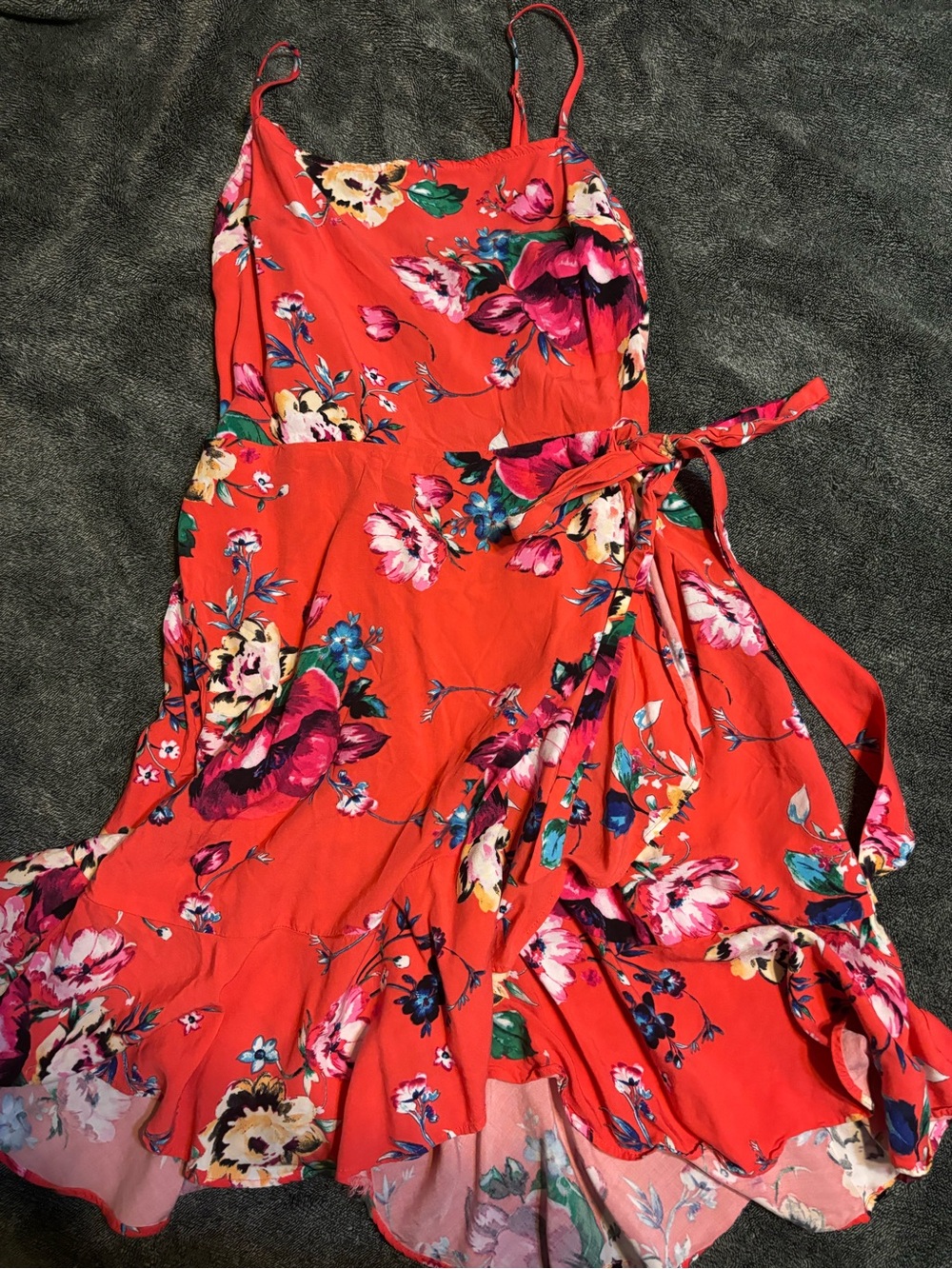 Express Red Floral Wrap Midi Dress with Tie Waist